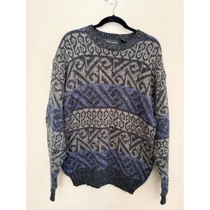 Peter England Mens Vintage Geometric Knit Crewneck Sweater Gray Blue Large